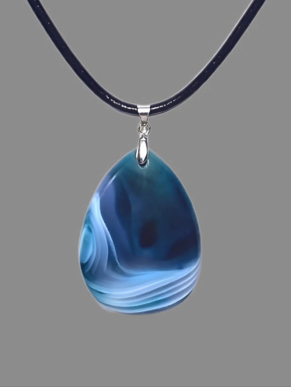 Blue Striped Agate Teardrop Pendant Black Leather Cord Necklace Boho Gift